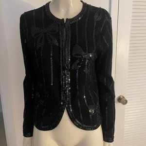 Ladies black jacket with black sequins, with front hooks, sz MED
